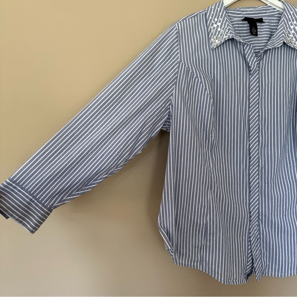Lane Bryant Size 24 Striped Button Up Shirt Long Sleeve Rhinestone Collar Plus - Picture 5 of 9